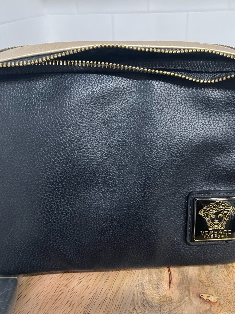 Versace Black Leather Toiletry Pouch with Gold Accents